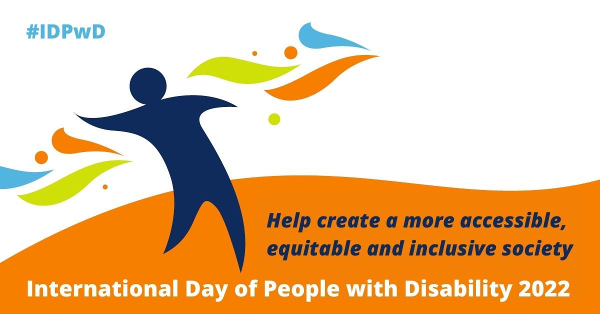 "Help create a more accessible, equitable and inclusive society." Illustration of a human figure with coloured splashes around them.